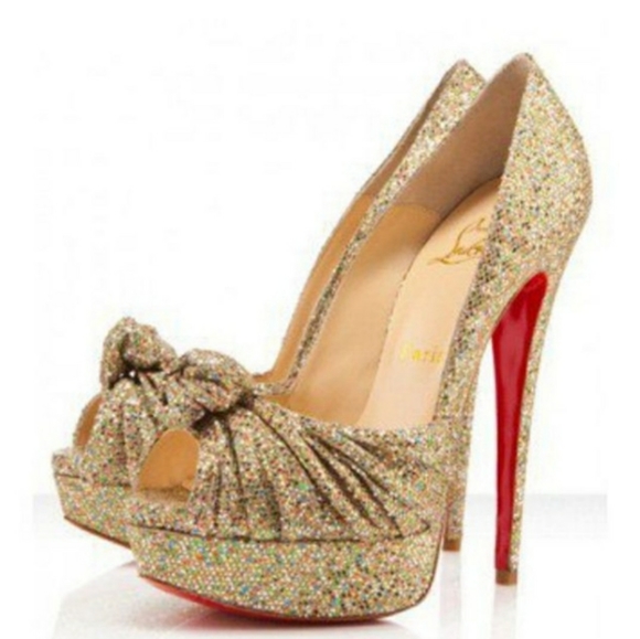 Christian Louboutin Shoes - Authentic  Louboutin  Jenny  150mm Metallic Gold Glitter Fabric Knotted peeptoe